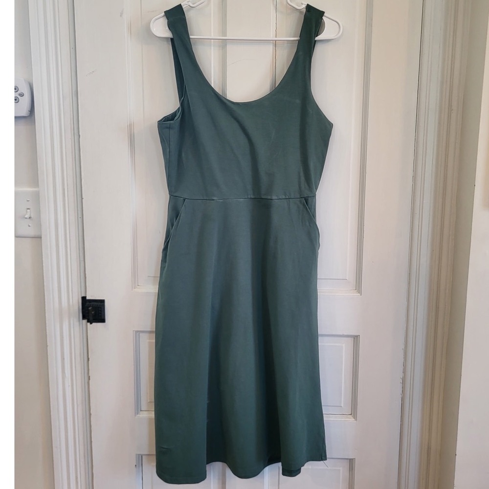 Pact Organic Cotton Fit & Flare Dress Green Tie Back Cutout Midi Pockets Medium